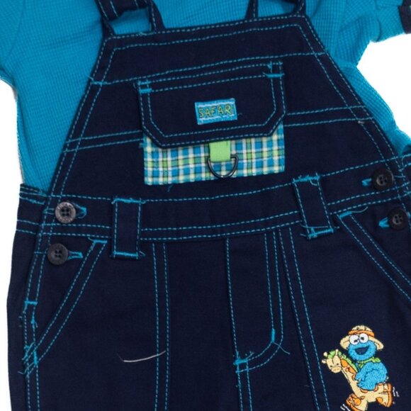 Baby Boys 2-Piece Outfit Set Size 3/6M With Safari Embroidered Overalls & Blue - Picture 3 of 8
